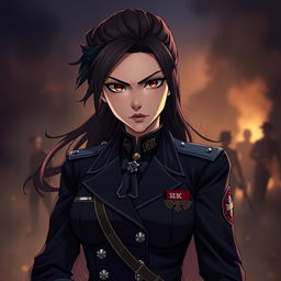 A fierce and elegant female Polish military officer depicted in a dark anime style