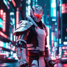 Generate an image of a regal Cyberpunk Samurai, dazzling in unique white armor adorned with vibrant red details