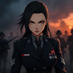 A fierce and elegant female Polish military officer depicted in a dark anime style