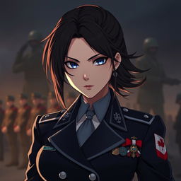 A fierce and elegant female Polish military officer depicted in a dark anime style