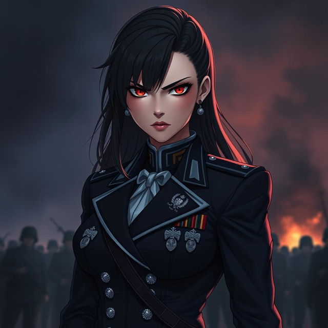 A fierce and elegant female Polish military officer depicted in a dark anime style