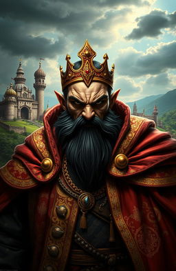 A fierce and menacing image of a powerful king known as the 'Shah Padishah of Azerbaijan' from a traditional fairy tale