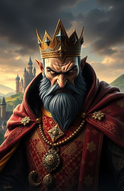 A fierce and menacing image of a powerful king known as the 'Shah Padishah of Azerbaijan' from a traditional fairy tale