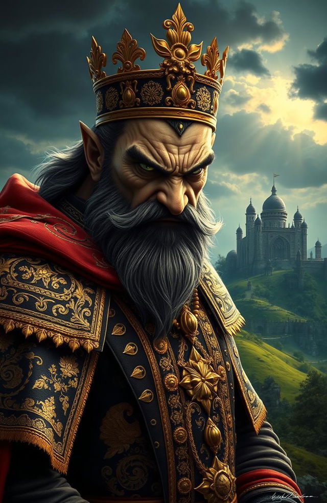 A fierce and menacing image of a powerful king known as the 'Shah Padishah of Azerbaijan' from a traditional fairy tale