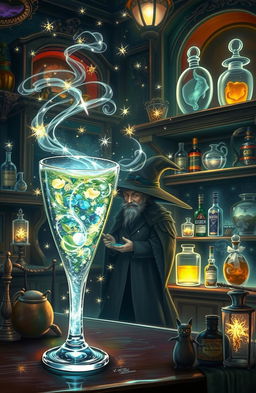 A whimsical scene depicting a glass of gin filled with sparkling, swirling magical energy, surrounded by glowing enchanted herbs and botanicals