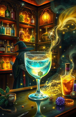 A whimsical scene depicting a glass of gin filled with sparkling, swirling magical energy, surrounded by glowing enchanted herbs and botanicals