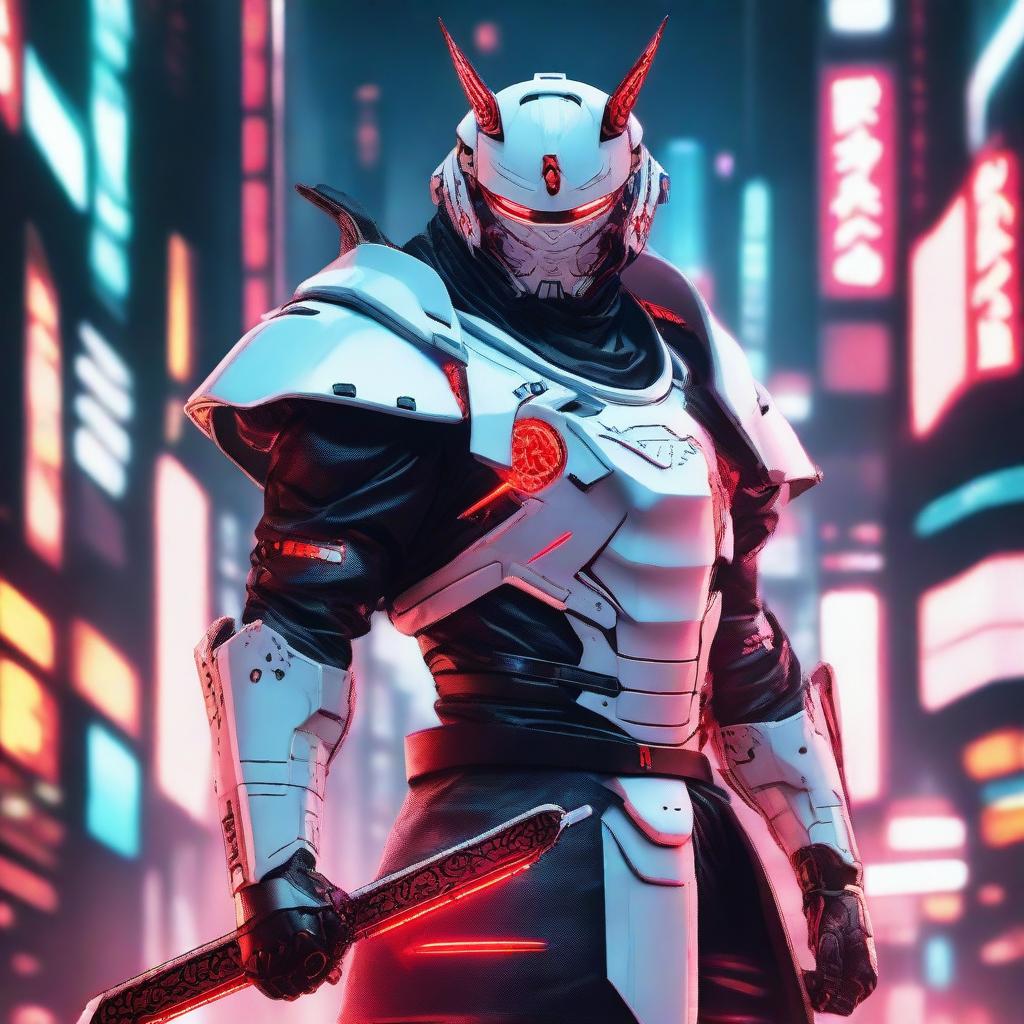 Generate an image of a regal Cyberpunk Samurai, dazzling in unique white armor adorned with vibrant red details