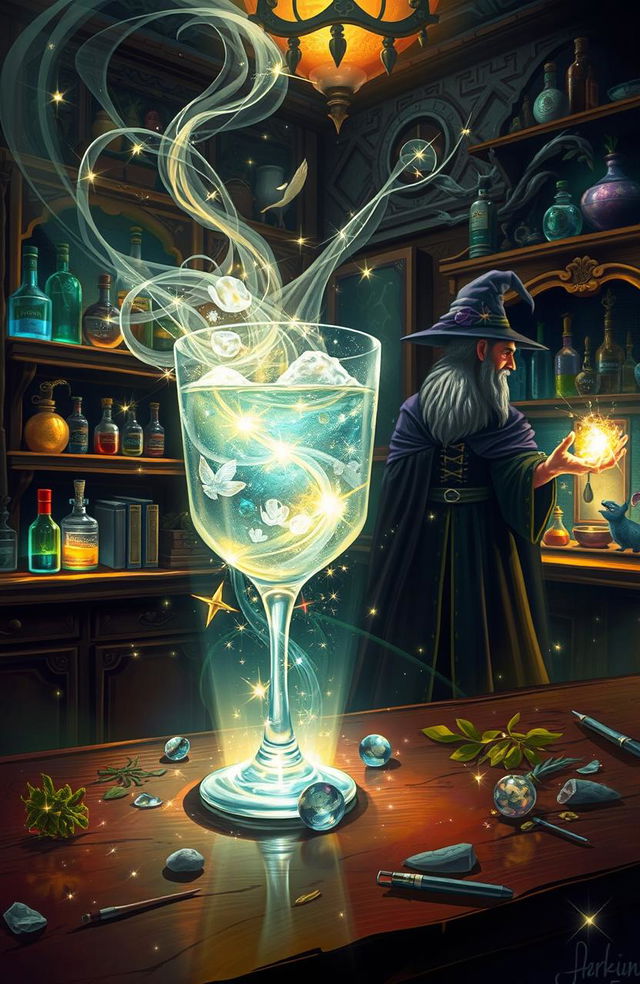 A whimsical scene depicting a glass of gin filled with sparkling, swirling magical energy, surrounded by glowing enchanted herbs and botanicals