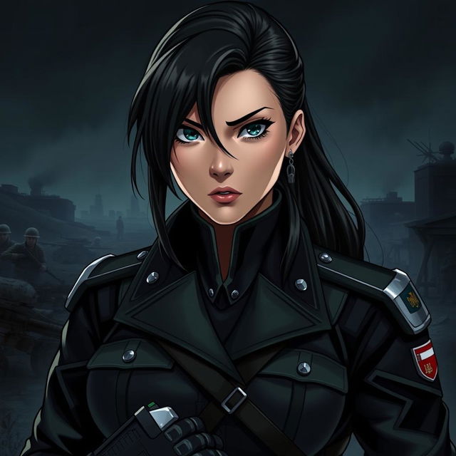 A fierce and elegant female Polish soldier depicted in a dark anime style