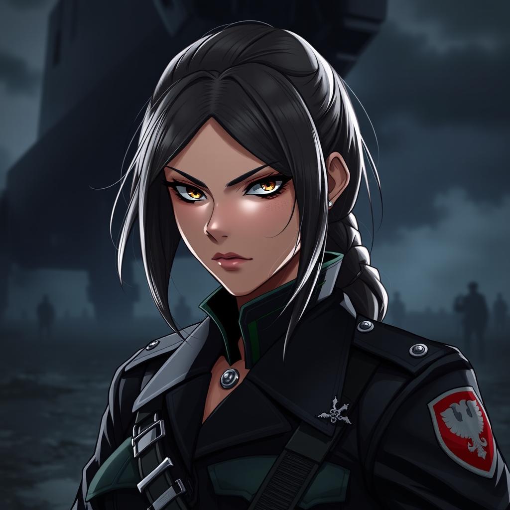 A fierce and elegant female Polish soldier depicted in a dark anime style