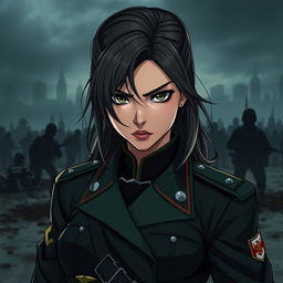 A fierce and elegant female Polish soldier depicted in a dark anime style