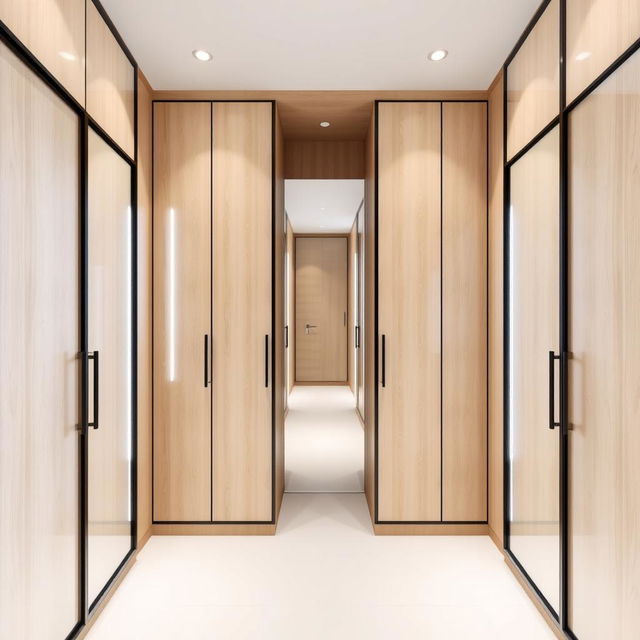 A modern dressing room featuring light wood furniture with a sleek design, equipped with sliding glass doors framed in black