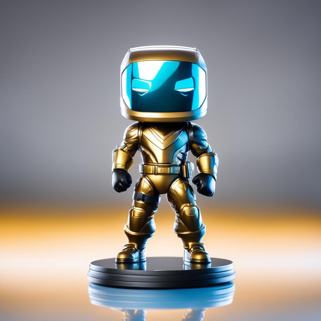 A 32k HD editorial photo featuring a detailed Fortnite Funko Pop doll standing on a reflective surface against a blurred white background