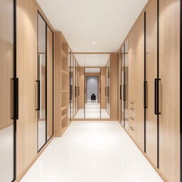 A modern dressing room featuring light wood furniture with a sleek design, equipped with sliding glass doors framed in black