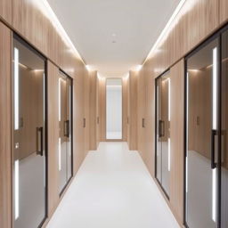 A modern dressing room featuring light wood furniture with a sleek design, equipped with sliding glass doors framed in black