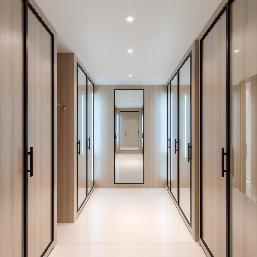 A modern dressing room featuring light wood furniture with a sleek design, equipped with sliding glass doors framed in black