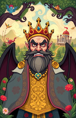 A cartoon-style illustration of a wicked king, the Shah of Persia, depicted in a vibrant and colorful manner inspired by Azerbaijani fairy tales