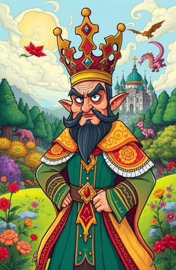 A cartoon-style illustration of a wicked king, the Shah of Persia, depicted in a vibrant and colorful manner inspired by Azerbaijani fairy tales