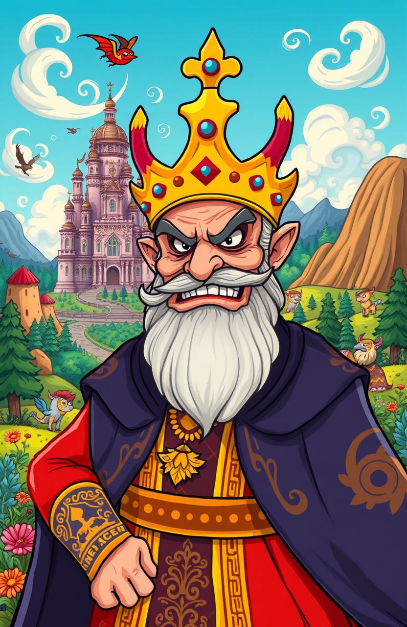 A cartoon-style illustration of a wicked king, the Shah of Persia, depicted in a vibrant and colorful manner inspired by Azerbaijani fairy tales