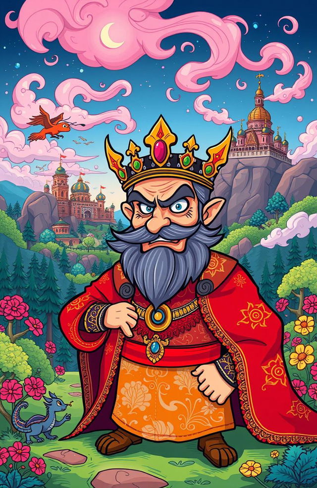 A cartoon-style illustration of a wicked king, the Shah of Persia, depicted in a vibrant and colorful manner inspired by Azerbaijani fairy tales