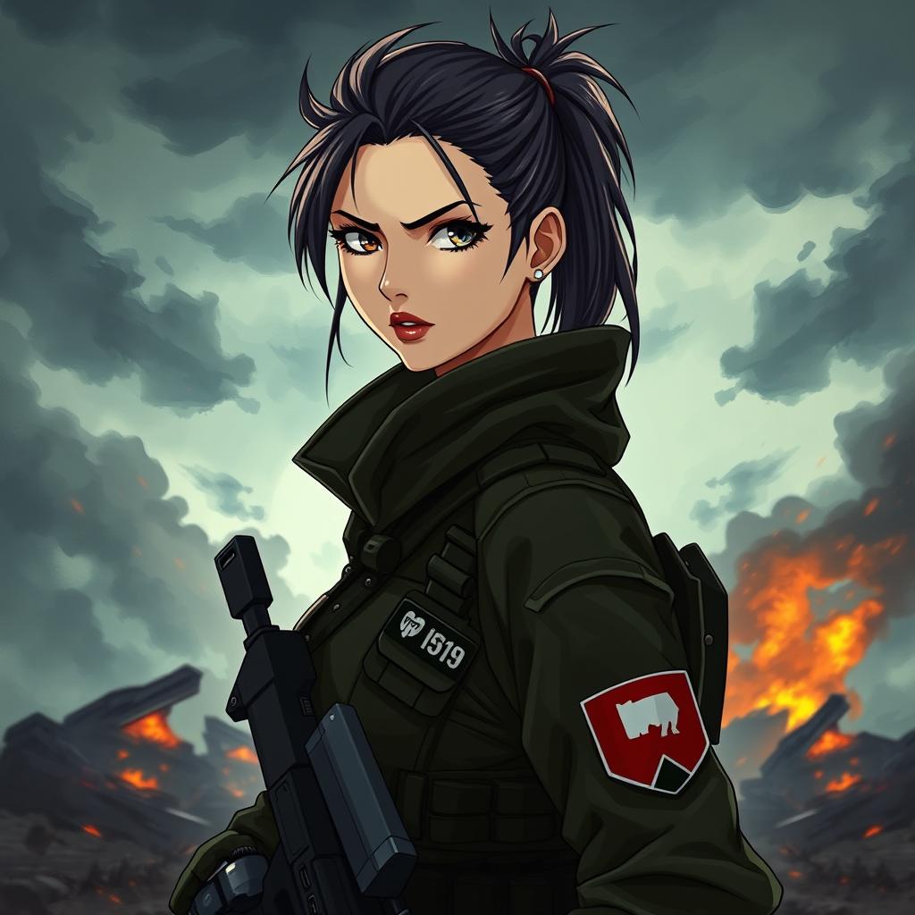 A fierce and elegant female Polish soldier portrayed in a dark anime style, fully equipped in combat gear