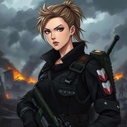 A fierce and elegant female Polish soldier portrayed in a dark anime style, fully equipped in combat gear