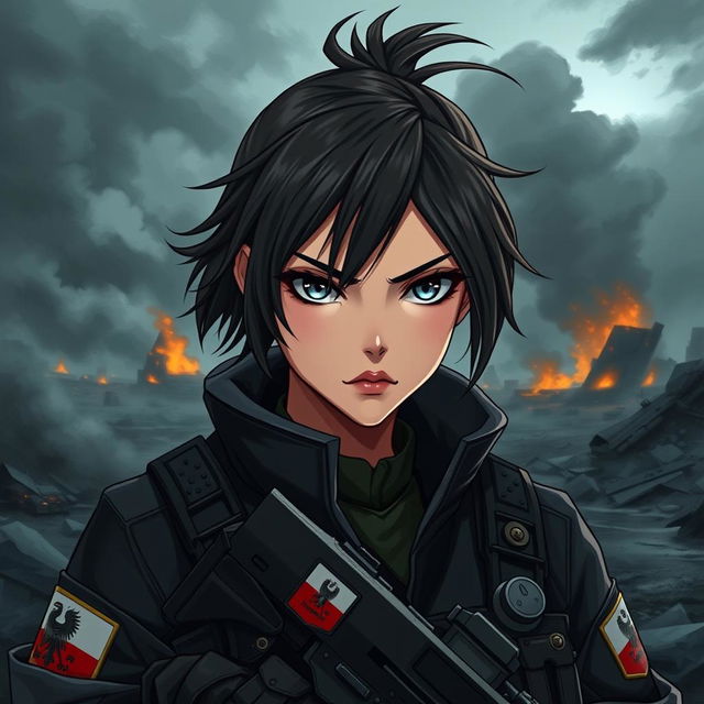 A fierce and elegant female Polish soldier portrayed in a dark anime style, fully equipped in combat gear