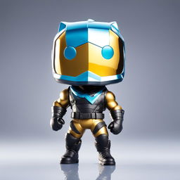 A 32k HD editorial photo featuring a detailed Fortnite Funko Pop doll standing on a reflective surface against a blurred white background