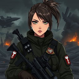 A fierce and elegant female Polish soldier portrayed in a dark anime style, fully equipped in combat gear