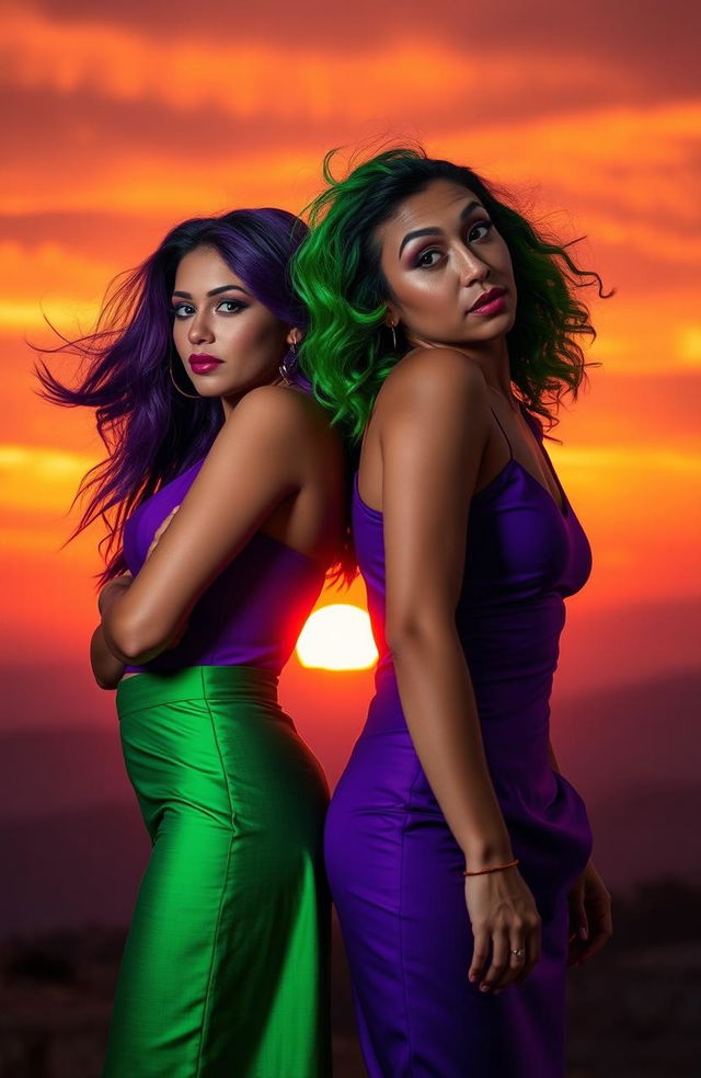 A captivating scene of two women with striking purple and green hues in their attire, standing together against a breathtaking sunset backdrop