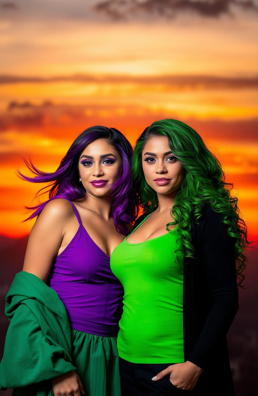 A captivating scene of two women with striking purple and green hues in their attire, standing together against a breathtaking sunset backdrop