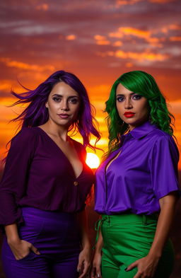 A captivating scene of two women with striking purple and green hues in their attire, standing together against a breathtaking sunset backdrop