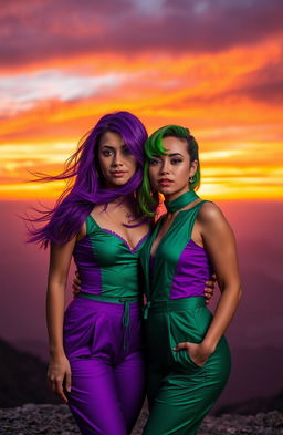 A captivating scene of two women with striking purple and green hues in their attire, standing together against a breathtaking sunset backdrop