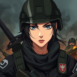 A fierce and elegant female Polish soldier depicted in a dark anime style, wearing full combat gear including a tactical helmet