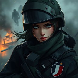 A fierce and elegant female Polish soldier depicted in a dark anime style, wearing full combat gear including a tactical helmet