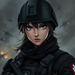 A fierce and elegant female Polish soldier depicted in a dark anime style, wearing full combat gear including a tactical helmet