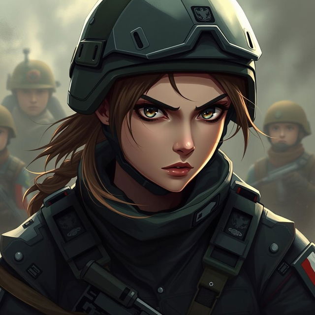 A fierce and elegant female Polish soldier depicted in a dark anime style, wearing full combat gear including a tactical helmet