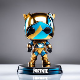 A 32k HD editorial photo featuring a detailed Fortnite Funko Pop doll standing on a reflective surface against a blurred white background