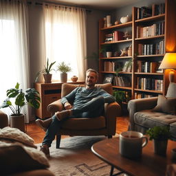A man seated comfortably in a cozy room, surrounded by warm lighting and plush furniture