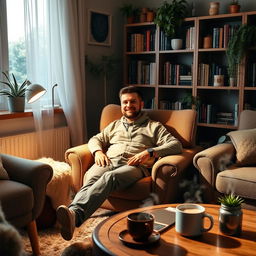 A man seated comfortably in a cozy room, surrounded by warm lighting and plush furniture
