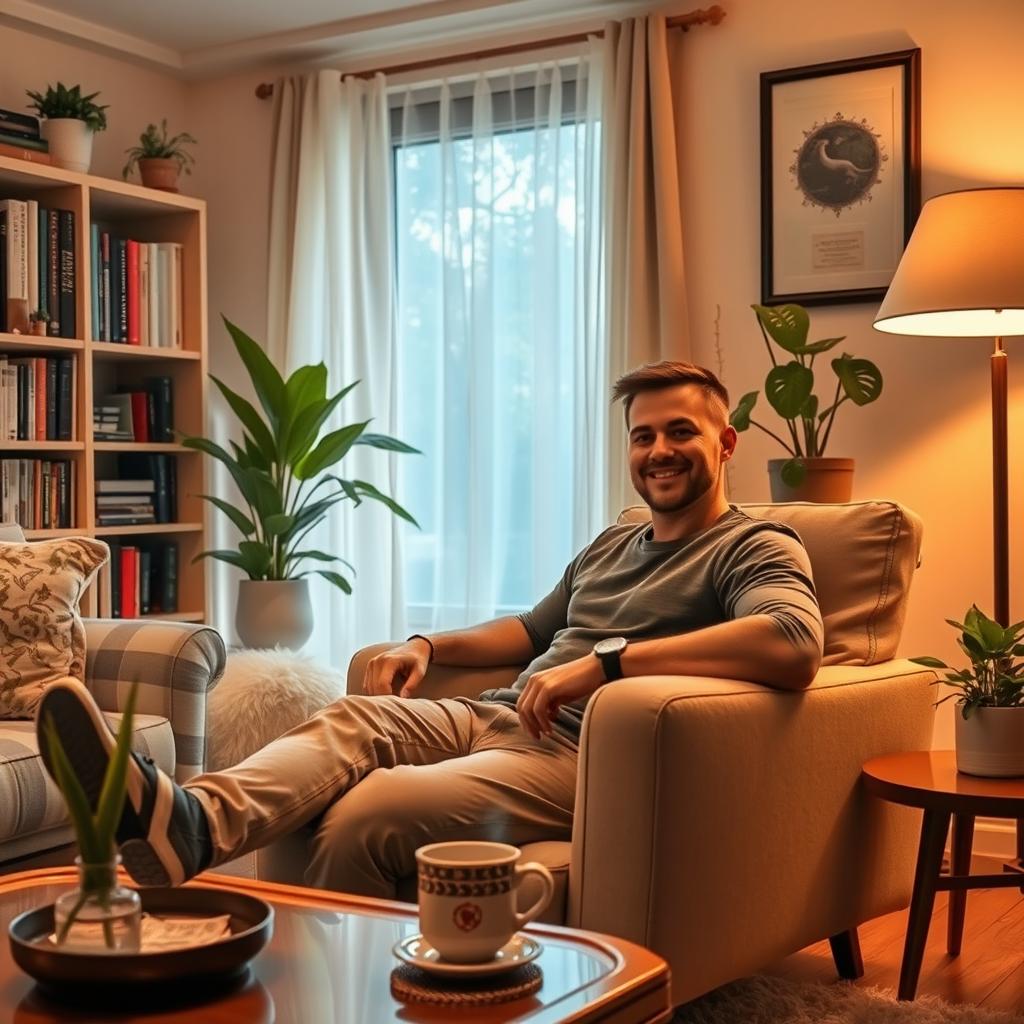 A man seated comfortably in a cozy room, surrounded by warm lighting and plush furniture