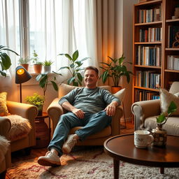A man seated comfortably in a cozy room, surrounded by warm lighting and plush furniture