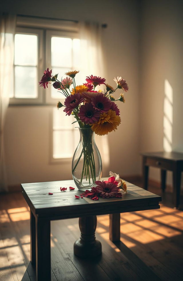 A surreal scene depicting a broken but beautiful vase on a wooden table, with colorful flowers spilling out of it