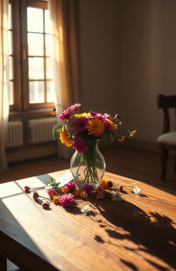 A surreal scene depicting a broken but beautiful vase on a wooden table, with colorful flowers spilling out of it