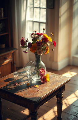 A surreal scene depicting a broken but beautiful vase on a wooden table, with colorful flowers spilling out of it