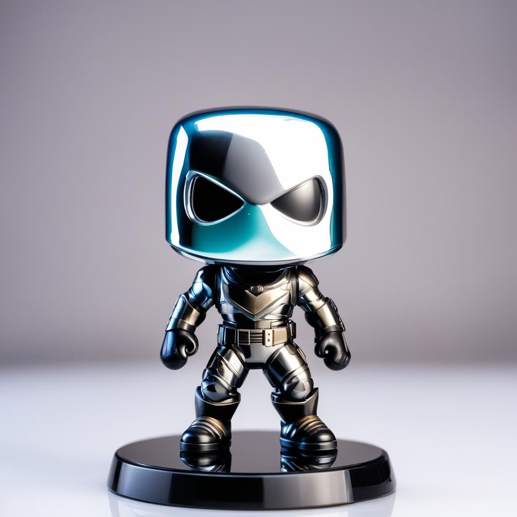 A 32k HD editorial photo featuring a detailed Fortnite Funko Pop doll standing on a reflective surface against a blurred white background