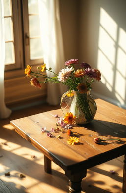 A surreal scene depicting a broken but beautiful vase on a wooden table, with colorful flowers spilling out of it