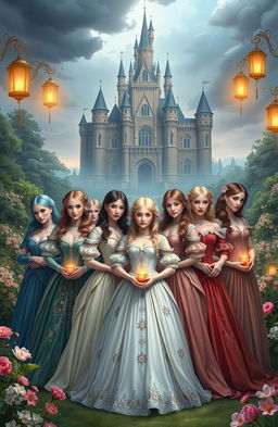 A fantasy artwork depicting twelve sisters, each named after a month: January, February, March, April, May, June, July, August, September, October, November, and December