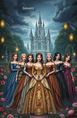 A fantasy artwork depicting twelve sisters, each named after a month: January, February, March, April, May, June, July, August, September, October, November, and December