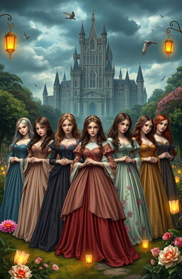 A fantasy artwork depicting twelve sisters, each named after a month: January, February, March, April, May, June, July, August, September, October, November, and December